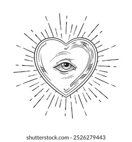 Todos viendo el ojo de Dios en el corazón sagrado con rayos de luz rayos de sol dibujado a mano Ilustración vectorial aislada. Trabajo negro, tatuaje flash o diseño de impresión