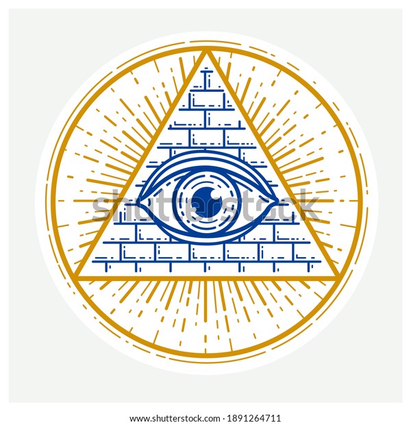 All seeing eye of god in sacred geometry\
triangle, masonry and illuminati symbol, vector logo or emblem\
design element.