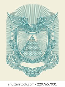 All seeing eye of god in shield frame with eagle. masonry and illuminati symbol, vintage vector engraving style illustration