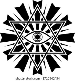 All seeing eye in a hexagram and in a complex sun