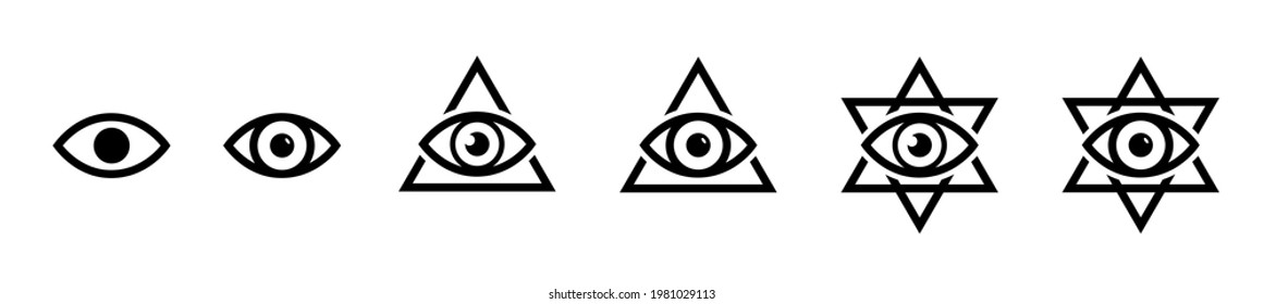 All seeing eye icon, illumination symbols, masonic sign, conspiracy of elites, the Jewish star sign of David