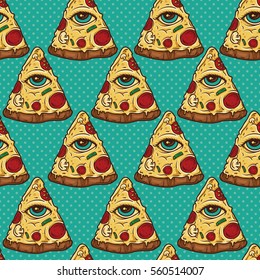 Tudo que vê Eye Illuminati Pizza Slice padrão sem costura. Fundo de Papel de Parede