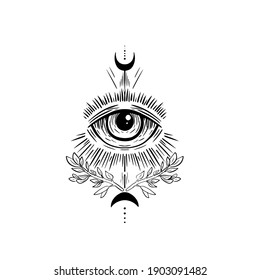 All seeing eye, illuminati symbol with moon and light ray, isolated on white background. Tattoo design
