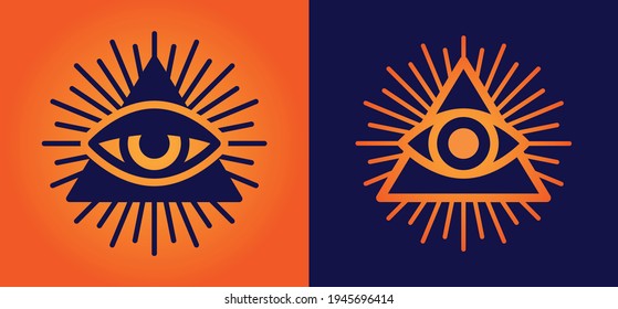 All seeing eye, illuminati symbol in triangle with light ray vector illustration.