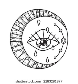 All seeing eye inside crescent. Boho sacred magic moon. Hand drawn magical doodle element for spiritual design. Line art. Vector illustration isolated on white background.