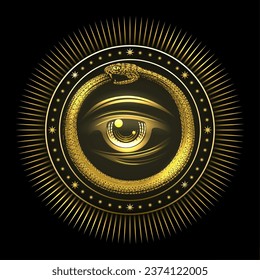 All Seeing Eye inside Golden Snake Esoteric concept isolated on Black Background. Vector illustration