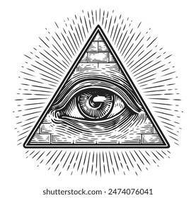 All seeing eye inside triangular pyramid with light rays. Sketch vector illustration in vintage engraving style
