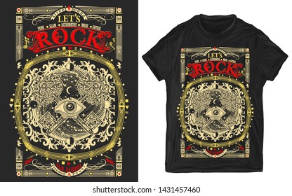 All seeing eye and keys. Let's Rock slogan. Musical print for t-shirts and another, trendy apparel design 