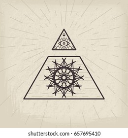 All seeing eye and magic circular symbol inside triangle pyramid. Vintage esoteric background.