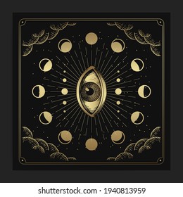 All seeing eye and moon phase decorations with engraving, handrawn, luxury, esoteric, boho style, fit for paranormal, tarot reader, astrologer or tattoo