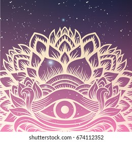 All Seeing eye on indigo space background. Mystic esoteric secret talisman symbol.Handcrafted decorative ornate mandala ornament. Floral Boho chic pattern.For Tattoo,invitation,print,poster
