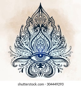 All seeing eye ornate composition. Hand drawn vintage style design element. Alchemy, spirituality, occultism, textiles art. Isolated vector illustration for t-shirt print.