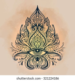 All seeing eye ornate composition. Hand drawn vintage style design element. Alchemy, spirituality, occultism, textiles art. Isolated vector illustration for t-shirt print.