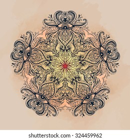 All seeing eye ornate mandala. Hand drawn vintage style design element. Alchemy, spirituality, occultism, textiles art. Isolated vector illustration for t-shirt print.