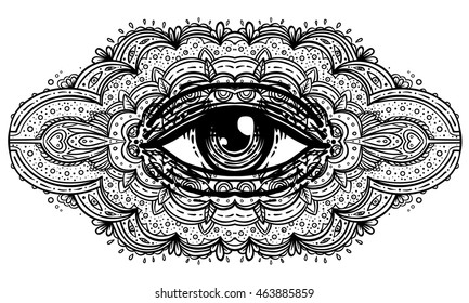 All seeing eye in ornate mandala inspired pattern. Mystic, alchemy, occult concept. Design for music cover, t-shirt, boho poster, flyer. Astrology, shamanism, religion. Coloring book pages for adults