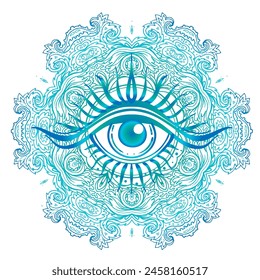 All seeing eye in ornate round mandala pattern. Mystic, alchemy, occult concept. Design for music cover, t-shirt , boho poster, flyer. Astrology, shamanism, religion. Coloring book pages for adults.