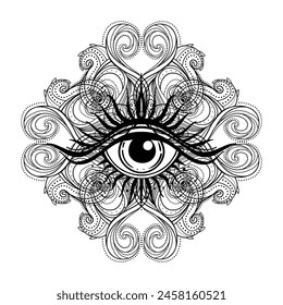 All seeing eye in ornate round mandala pattern. Mystic, alchemy, occult concept. Design for music cover, t-shirt , boho poster, flyer. Astrology, shamanism, religion. Coloring book pages for adults.
