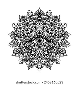 Todos los ojos que ven en ornamentado patrón redondo mandala. Mística, alquimia, concepto oculto. Diseño para portada de música, camiseta , póster boho, flyer. Astrología, chamanismo, religión. Dibujos para colorear para adultos.