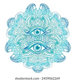 All seeing eye in ornate round mandala pattern. Mystic, alchemy, occult concept. Design for music cover, t-shirt , boho poster, flyer. Astrology, shamanism, religion. Coloring book pages for adults.