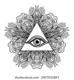 All seeing eye in ornate round mandala pattern. Mystic, alchemy, occult concept. Design for music cover, t-shirt , boho poster, flyer. Astrology, shamanism, religion. Coloring book pages for adults.