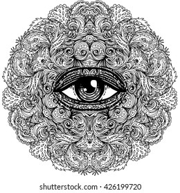 All seeing eye in ornate round mandala pattern. Mystic, alchemy, occult concept. Design for music cover, t-shirt , boho poster, flyer. Astrology, shamanism, religion. Coloring book pages for adults.