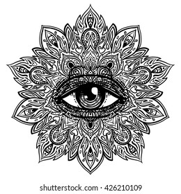 All seeing eye in ornate round mandala pattern. Mystic, alchemy, occult concept. Design for music cover, t-shirt , boho poster, flyer. Astrology, shamanism, religion. Coloring book pages for adults.
