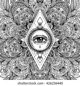 All seeing eye in ornate round mandala pattern. Mystic, alchemy, occult concept. Design for music cover, t-shirt , boho poster, flyer. Astrology, shamanism, religion. Coloring book pages for adults.