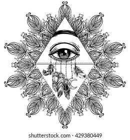 All seeing eye in ornate round mandala pattern. Mystic, alchemy, occult concept. Design for cover, t-shirt, poster, flyer. Meditation, aura and chakras. Coloring book pages for adults.