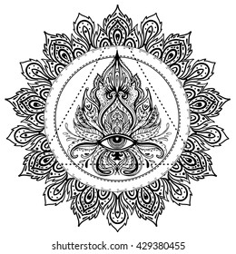 All seeing eye in ornate round mandala pattern. Mystic, alchemy, occult concept. Design for music cover, t-shirt , boho poster, flyer. Astrology, shamanism, religion. Coloring book pages for adults.