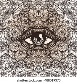 All seeing eye in ornate round mandala pattern. Mystic, alchemy, occult concept. Design for music cover, t-shirt , boho poster, flyer. Astrology, shamanism, religion. Vintage beige background. 