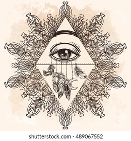 All seeing eye in ornate round mandala pattern. Mystic, alchemy, occult concept. Design for music cover, t-shirt , boho poster, flyer. Astrology, shamanism, religion. Vintage beige background.