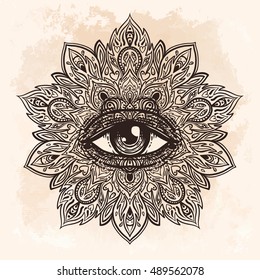 All seeing eye in ornate round mandala pattern. Mystic, alchemy, occult concept. Design for music cover, t-shirt , boho poster, flyer. Astrology, shamanism, religion. Vintage beige background.