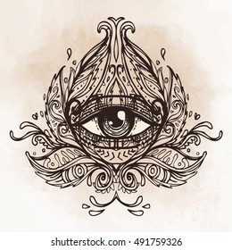 All seeing eye in ornate round mandala pattern. Mystic, alchemy, occult concept. Design for music cover, t-shirt , boho poster, flyer. Astrology, shamanism, religion. Vintage beige background.