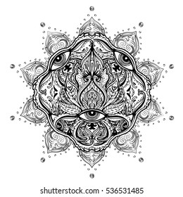 All seeing eye in ornate round mandala pattern. Mystic, alchemy, occult concept. Design for music cover, t-shirt , boho poster, flyer. Astrology, shamanism, religion. Coloring book pages for adults.