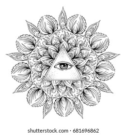 All seeing eye with ornate round mandala on background .