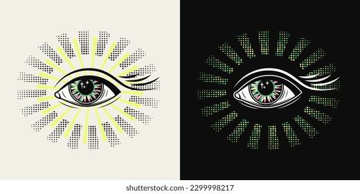 All seeing eye, eye of providence. Eye with lashes. Halftone radial beams, rays behind. Colorful psychedelic illustration in vintage style. Good for groovy, hippie, mystical style