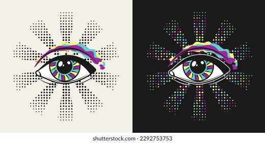 All seeing eye, eye of providence. Masonic symbol. Halftone radial beams behind. Colorful psychedelic illustration in vintage style. Good for groovy, hippie, mystical style