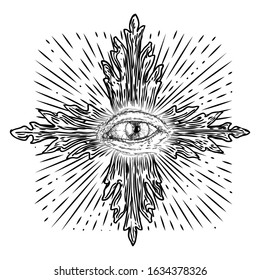 All seeing eye or Eye of Providence on decorative background sacred geometry. Ancient mystical sacral Masonic symbol. Hand drawn alchemy, religion and spiritual occultism. Conspiracy theory vector.