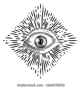 All seeing eye or Eye of Providence on decorative background sacred geometry. Ancient mystical sacral Masonic symbol. Hand drawn alchemy, religion and spiritual occultism. Conspiracy theory vector.