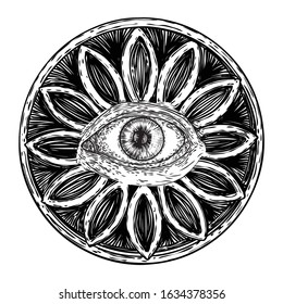 All seeing eye or Eye of Providence on decorative background sacred geometry. Ancient mystical sacral Masonic symbol. Hand drawn alchemy, religion and spiritual occultism. Conspiracy theory vector.