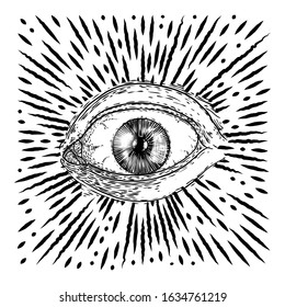 All seeing eye or Eye of Providence on decorative background sacred geometry. Ancient mystical sacral Masonic symbol. Hand drawn alchemy, religion and spiritual occultism. Conspiracy theory vector.