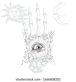 All seeing eye or Eye of Providence on decorative background sacred geometry. Ancient mystical sacral Masonic symbol. Hand drawn alchemy, religion and spiritual occultism. Conspiracy theory vector.