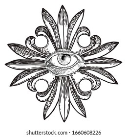 All seeing eye or Eye of Providence on decorative background sacred geometry. Ancient mystical sacral Masonic symbol. Hand drawn alchemy, religion and spiritual occultism. Conspiracy theory vector.