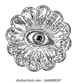 All seeing eye or Eye of Providence on decorative background sacred geometry. Ancient mystical sacral Masonic symbol. Hand drawn alchemy, religion and spiritual occultism. Conspiracy theory vector.