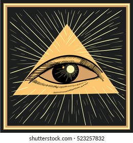 Todos viendo ojo. Providencia. Ilustración vectorial.   Diseño para la cubierta de la música indie, impresión de la camiseta, cartel psicodélico, volante. Masón y espiritual, religión, espiritualidad, alquimia, ocultismo.