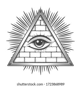 All Seeing Eye in Pyramid drawn in Tattoo style. Freeason Esoteric Symbol isolated on white. Vector illustration.