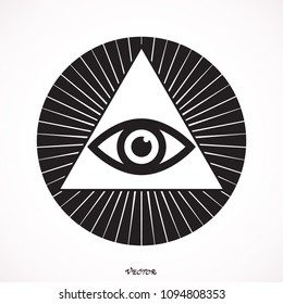 All seeing eye pyramid. Freemason and spiritual, illuminati and religion, triangle magic, vector illustration