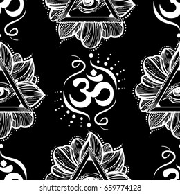 All seeing eye pyramid pattern. Hand-drawn Eye of Providence and Ohm symbol seamless illustration. Alchemy, religion, spirituality, textile.