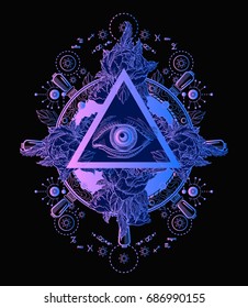 All Seeing Eye Pyramid Poster And T-shirt Design. Freemason And Spiritual Symbols. Alchemy, Medieval Religion, Occultism, Spirituality And Esoteric Art 