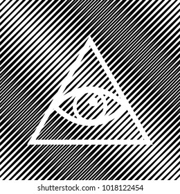 All seeing eye pyramid symbol. Freemason and spiritual. Vector. Icon. Hole in moire background.